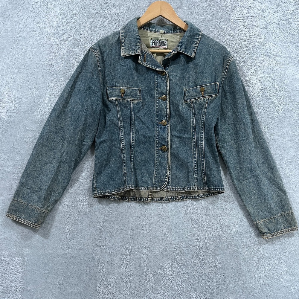 Vtg Forenza Crop Trucker Jacket Women Medium Blue Denim Long Sleeve Button Front